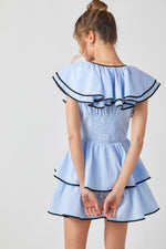 PIN STRIPE DOUBLE RUFFLE MINI DRESS