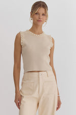 Pearl Trim Ribbed Sleeveless Sweater