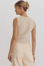 Pearl Trim Ribbed Sleeveless Sweater
