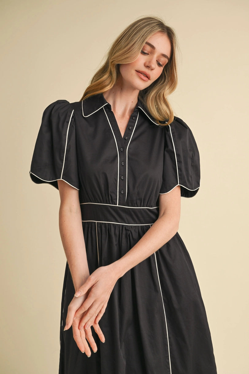Black Collared Shirt Dress with Scalloped Edges and White Piping Contr To The Nines Black Collared Shirt Dress with Scalloped Edges and White Piping Contr To The Nines