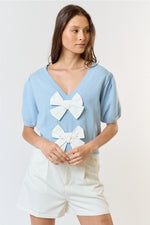 Double Bow V Neck Sweater with Puff Sleeve ** Available in PINK or BLUE