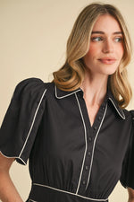 Black Collared Shirt Dress with Scalloped Edges and White Piping Contrast
