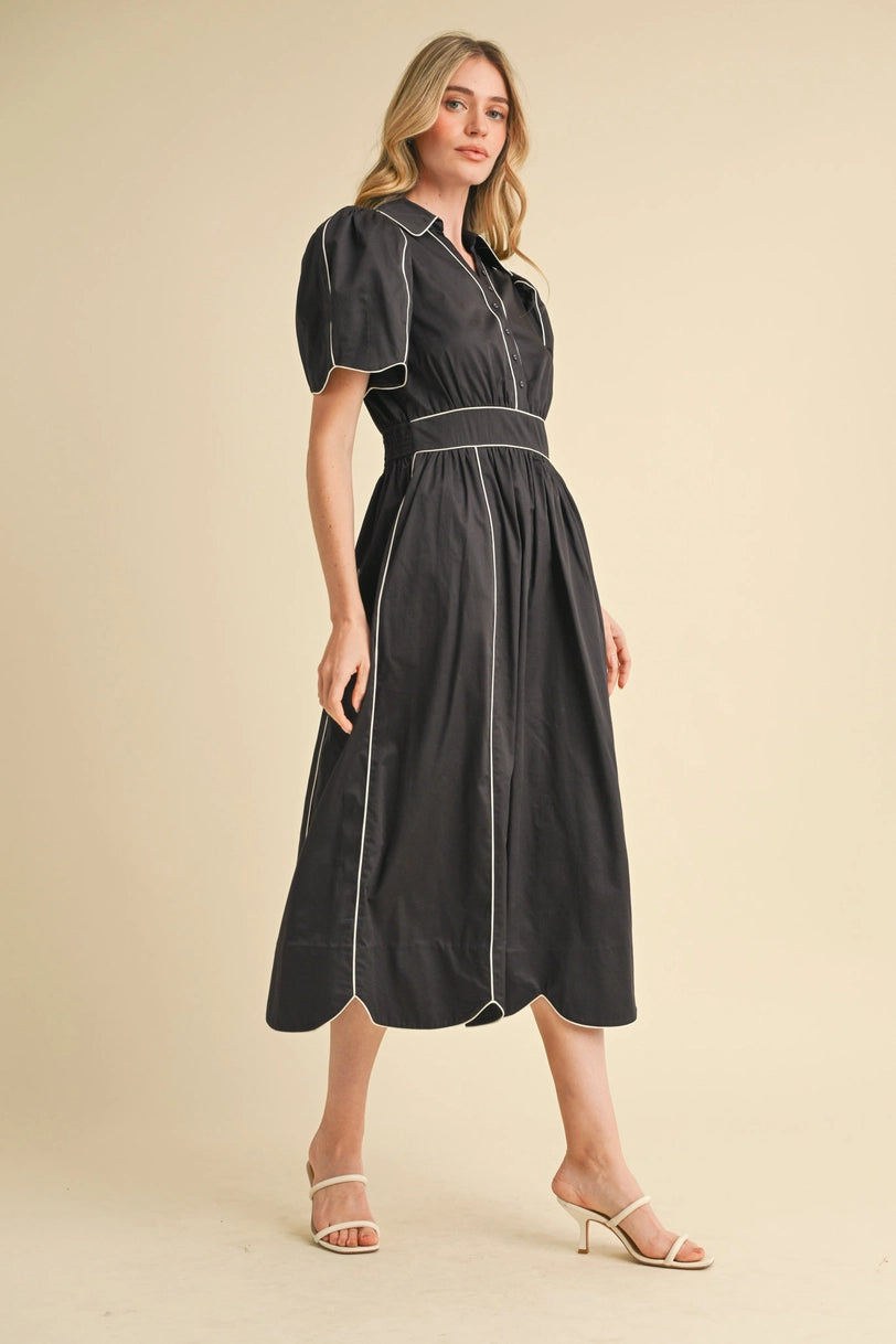 Black Collared Shirt Dress with Scalloped Edges and White Piping Contrast