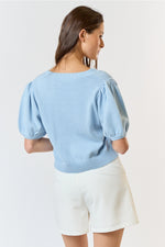 Double Bow V Neck Sweater with Puff Sleeve ** Available in PINK or BLUE