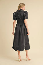 Black Collared Shirt Dress with Scalloped Edges and White Piping Contrast