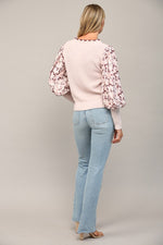 Contrast Woven Juliette Sleeve Crew Neck Sweater by FATE