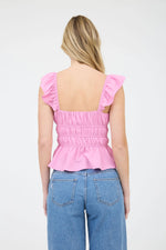 Jaqueline Ruffle Trim Front Tie Shirred Waist Blouse