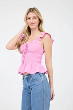 Jaqueline Ruffle Trim Front Tie Shirred Waist Blouse