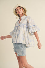 Blue and Ivory Floral Baby Doll Top ￼