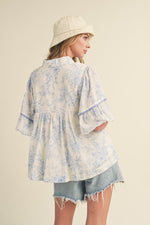 Blue and Ivory Floral Baby Doll Top ￼