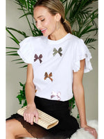 FLUTTER SLEEVE CREW NECK WITH SEQUIN BOWS