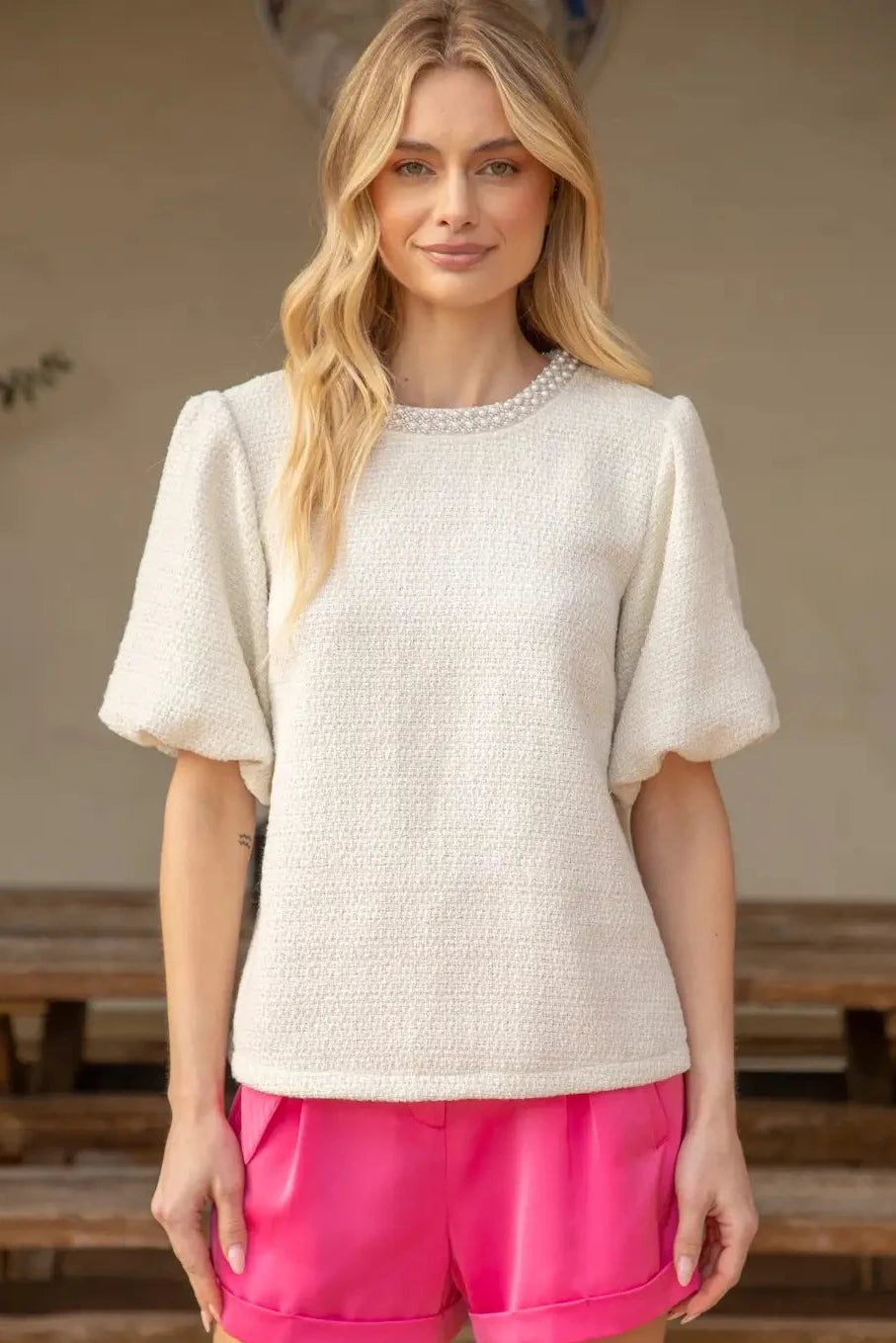 Pearl Trim Detailed Neck Bubble Sleeve Tweed Top