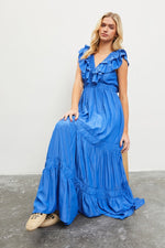 FRENCH BLUE RUFFLE V NECK MAXI