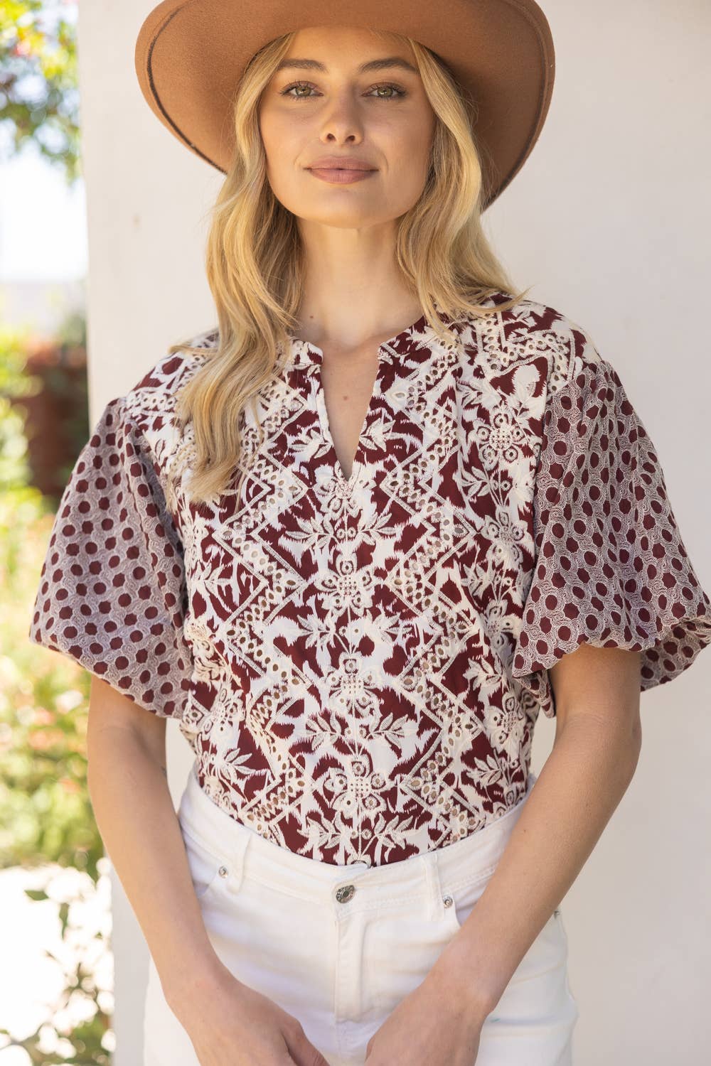 Maroon Embroidered Print Mixed Top