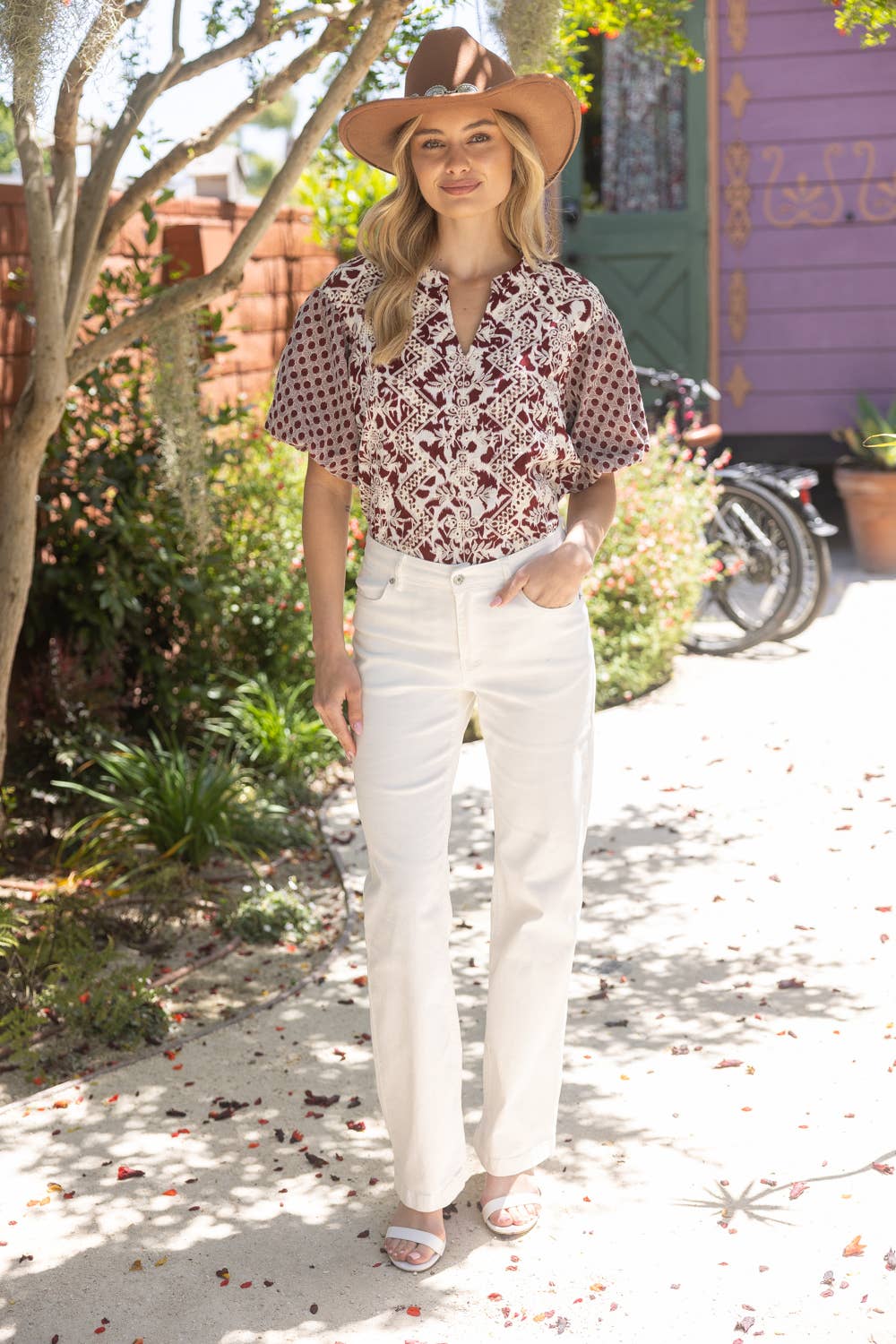 Maroon Embroidered Print Mixed Top