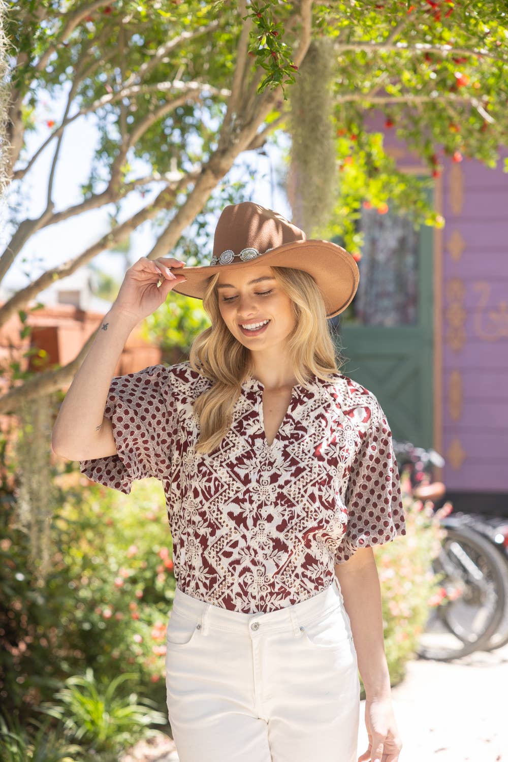 Maroon Embroidered Print Mixed Top