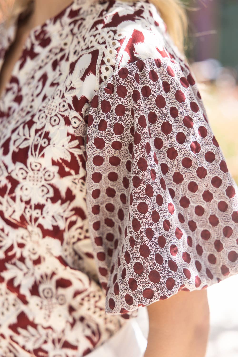 Maroon Embroidered Print Mixed Top