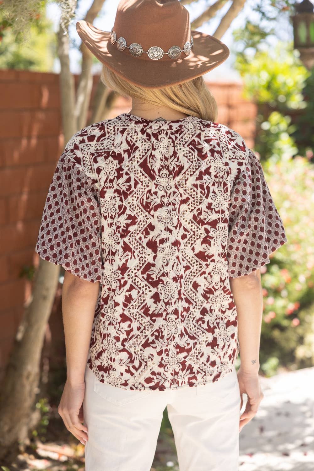 Maroon Embroidered Print Mixed Top