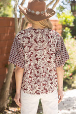 Maroon Embroidered Print Mixed Top