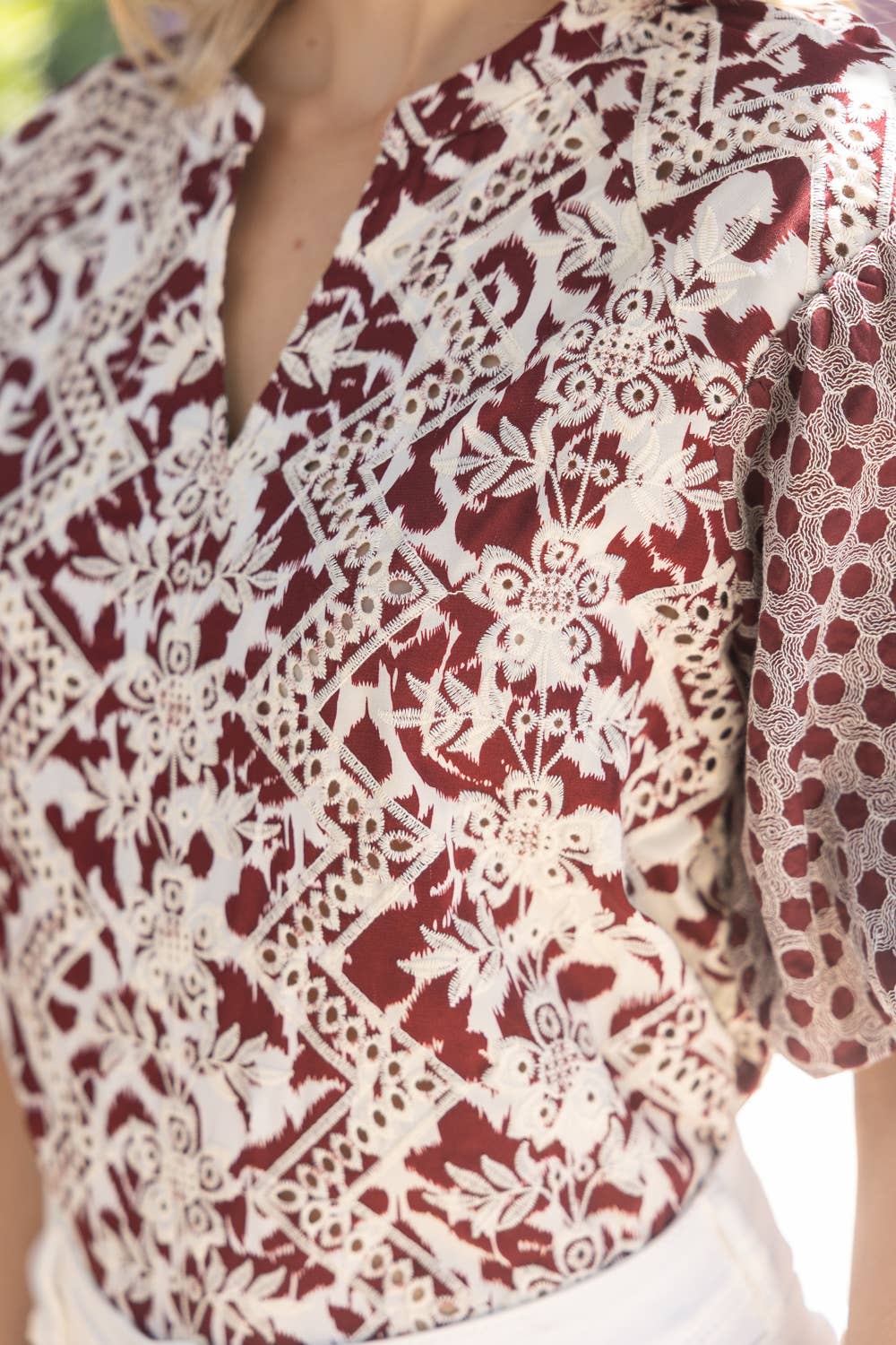 Maroon Embroidered Print Mixed Top