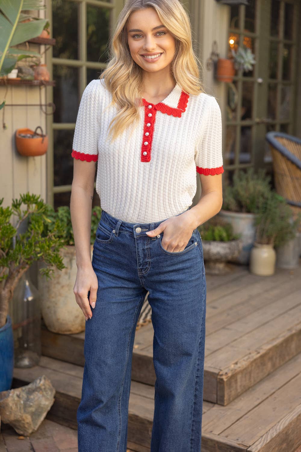 Nina Pearl Accent Button Scalloped Knit Top with Red Contrast