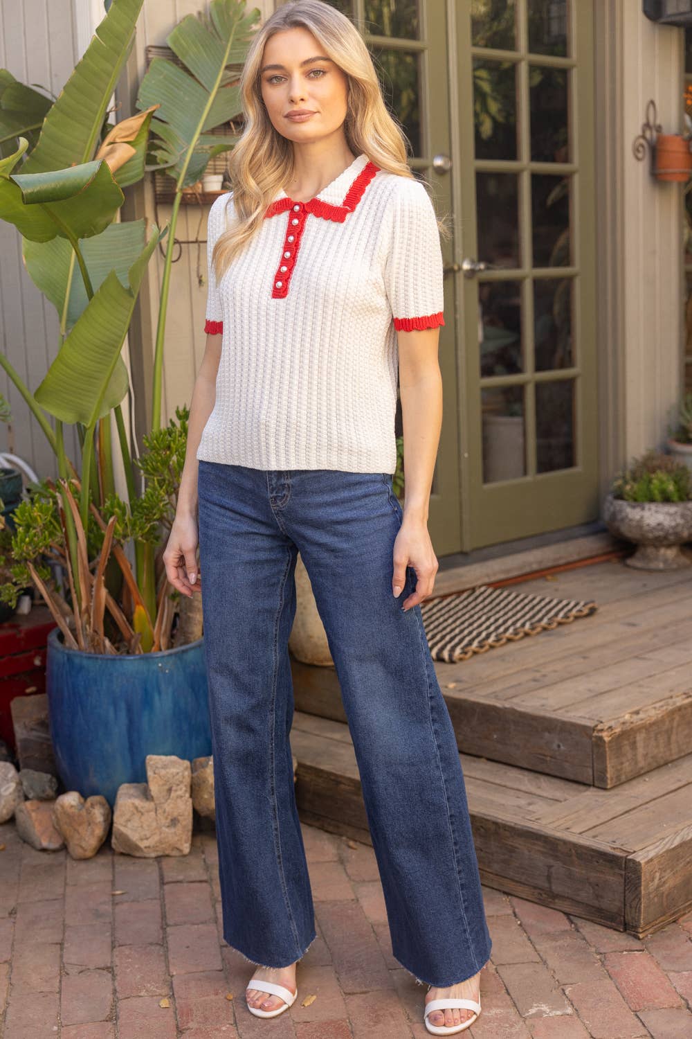 Nina Pearl Accent Button Scalloped Knit Top with Red Contrast