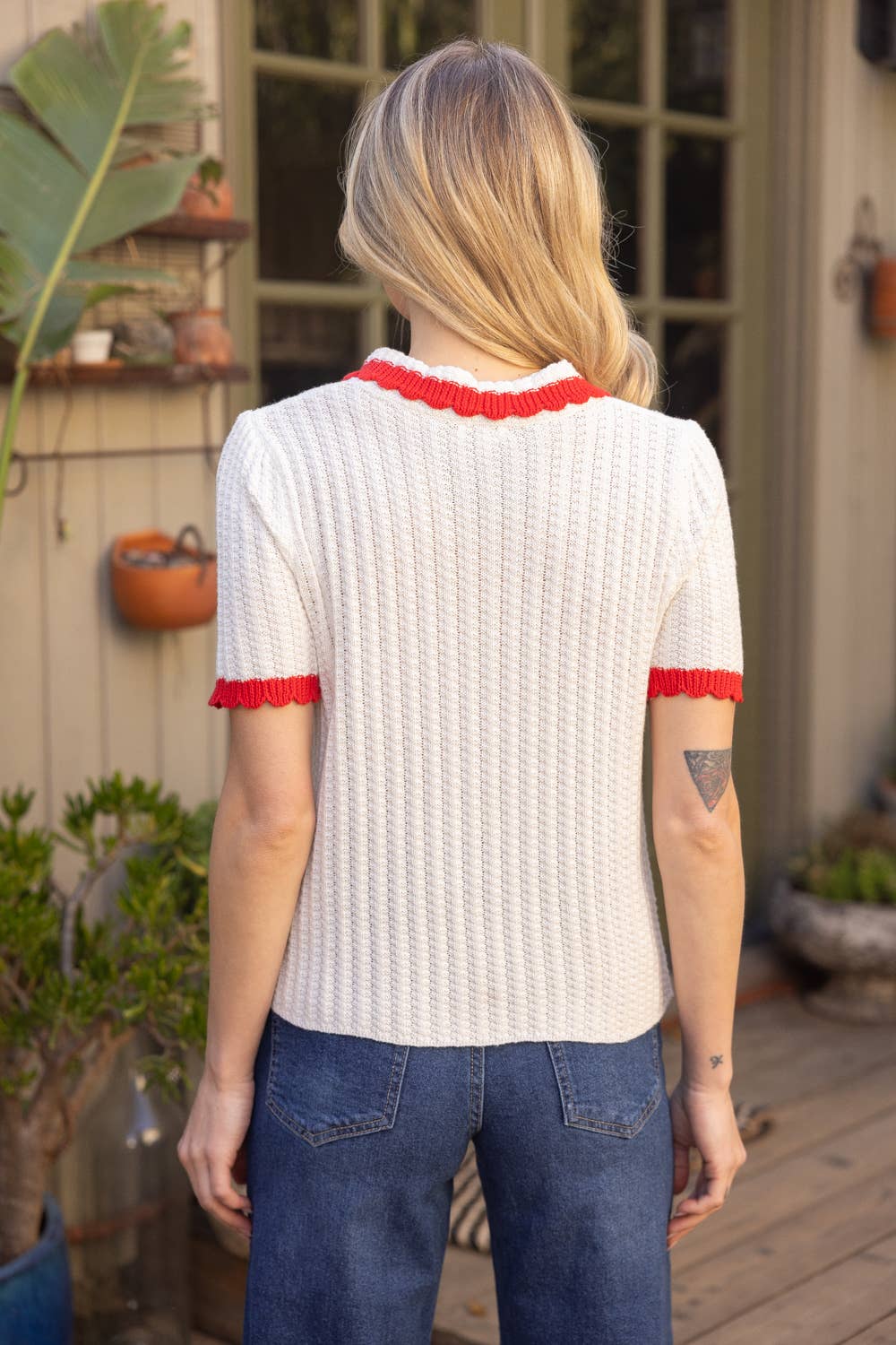 Nina Pearl Accent Button Scalloped Knit Top with Red Contrast