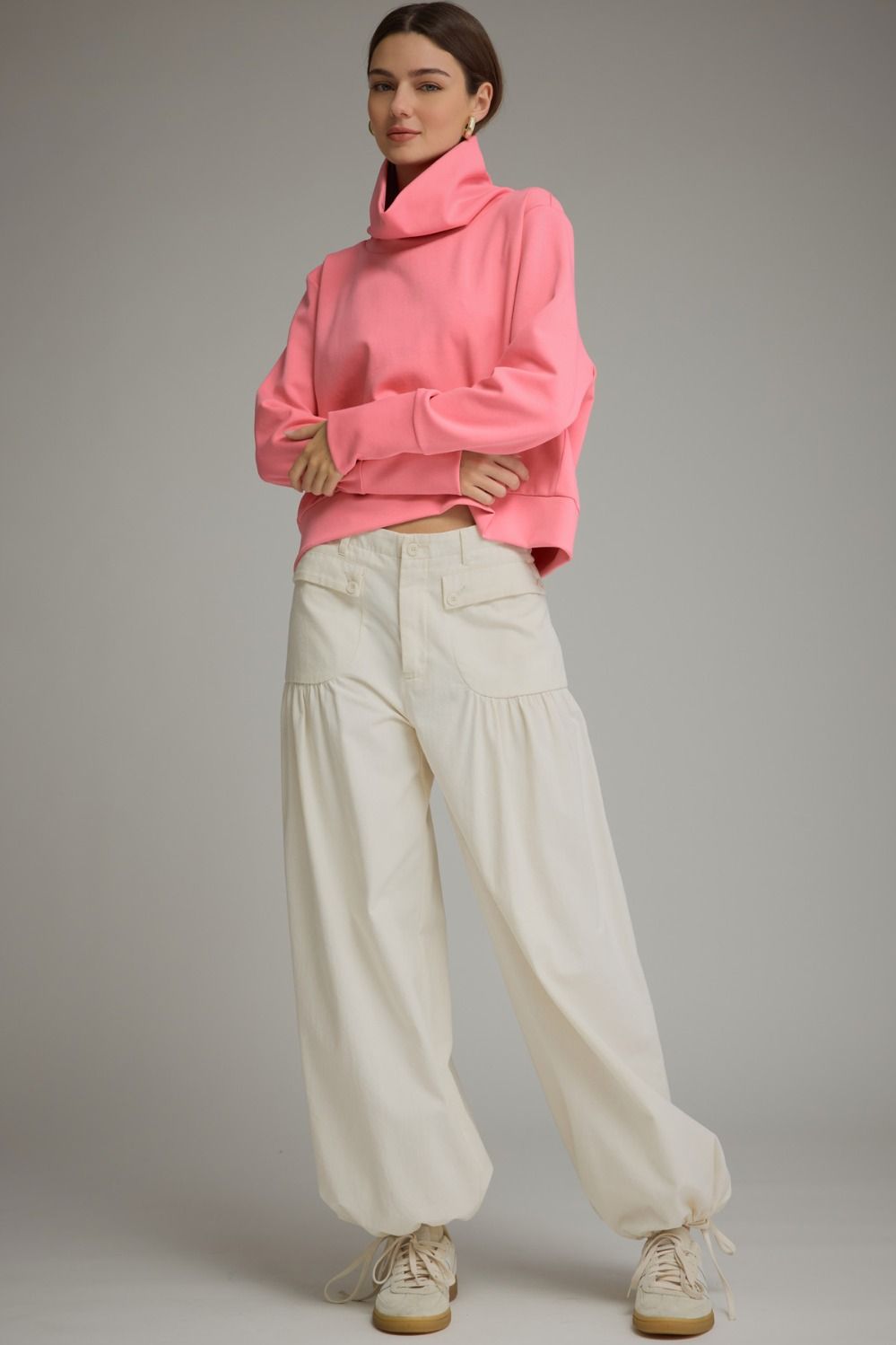 Poppy Fold Over Neck Knit Top- Pink