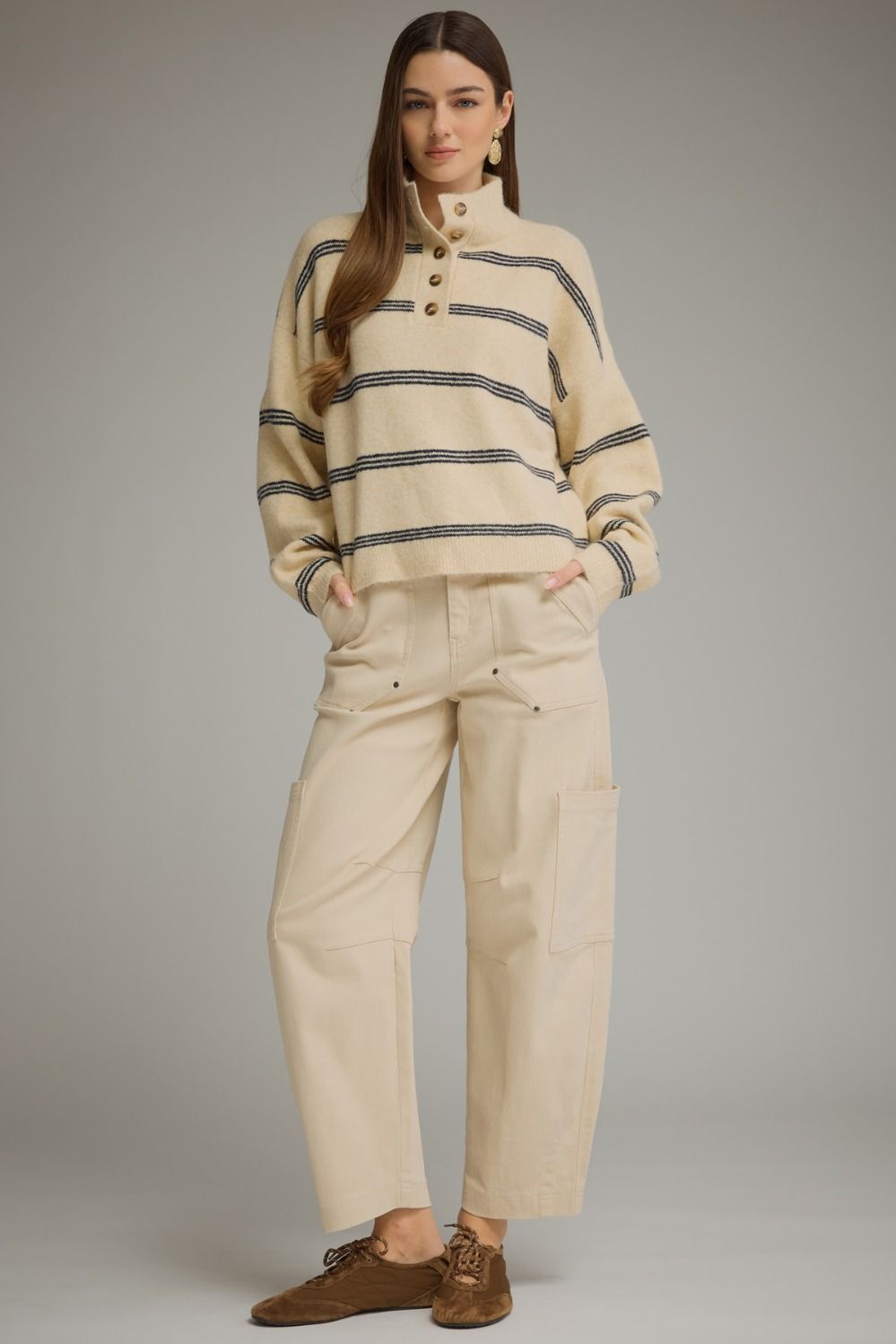 Willow Striped Mock Button Neck Sweater - Ecru