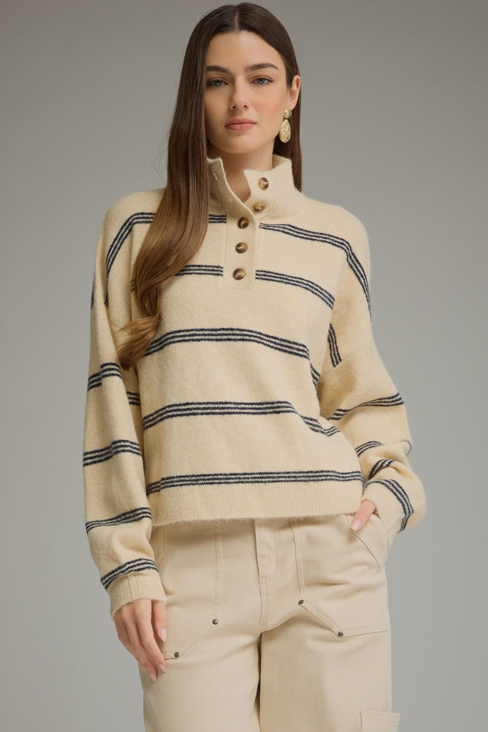 Willow Striped Mock Button Neck Sweater - Ecru