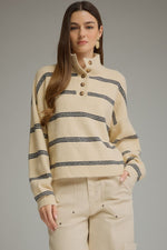 Willow Striped Mock Button Neck Sweater - Ecru