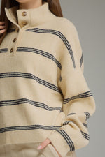 Willow Striped Mock Button Neck Sweater - Ecru