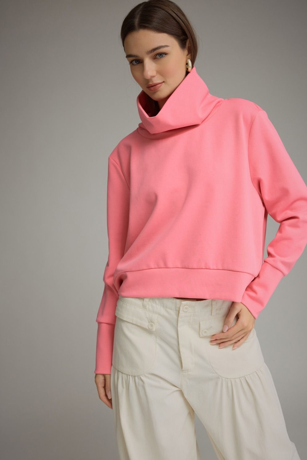 Poppy Fold Over Neck Knit Top- Pink
