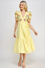 Floral Embroidery Wrap Midi Dress